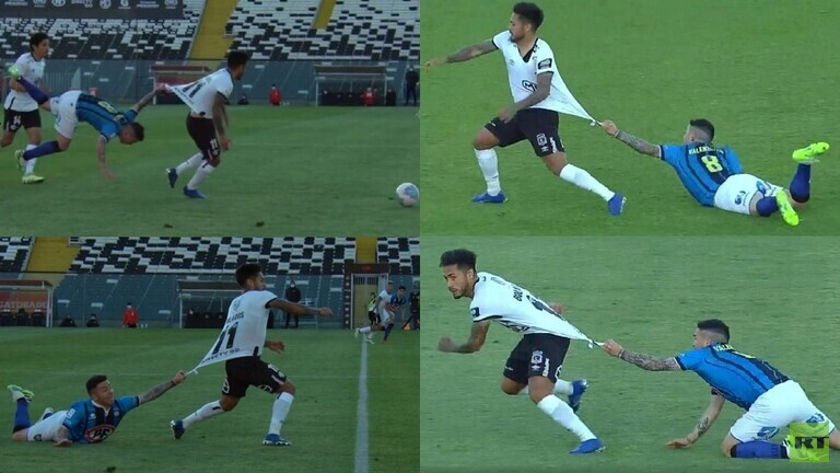 لاعب يصرعلى خلع قميص خصمه بطريقة عنيفة و”كوميدية” في نفس الوقت(فيديو)